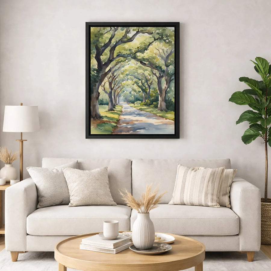 Sunlit Oak Tree Path Canvas Print | Watercolor Forest Avenue Wall Art | 1.25 Inch Premium Gallery Wrap | Nature-Inspired Home Decor Gift