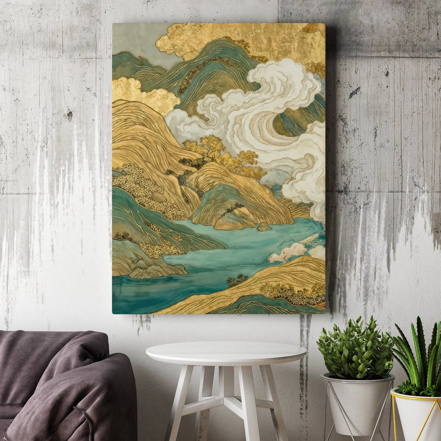 Japanese Landscape Vertical Canvas Art Print | Traditional Gold Foil Style Mountain & Wave Scene | Premium 1.25-Inch Gallery Wrap | Zen Living Room Home Decor & Gift