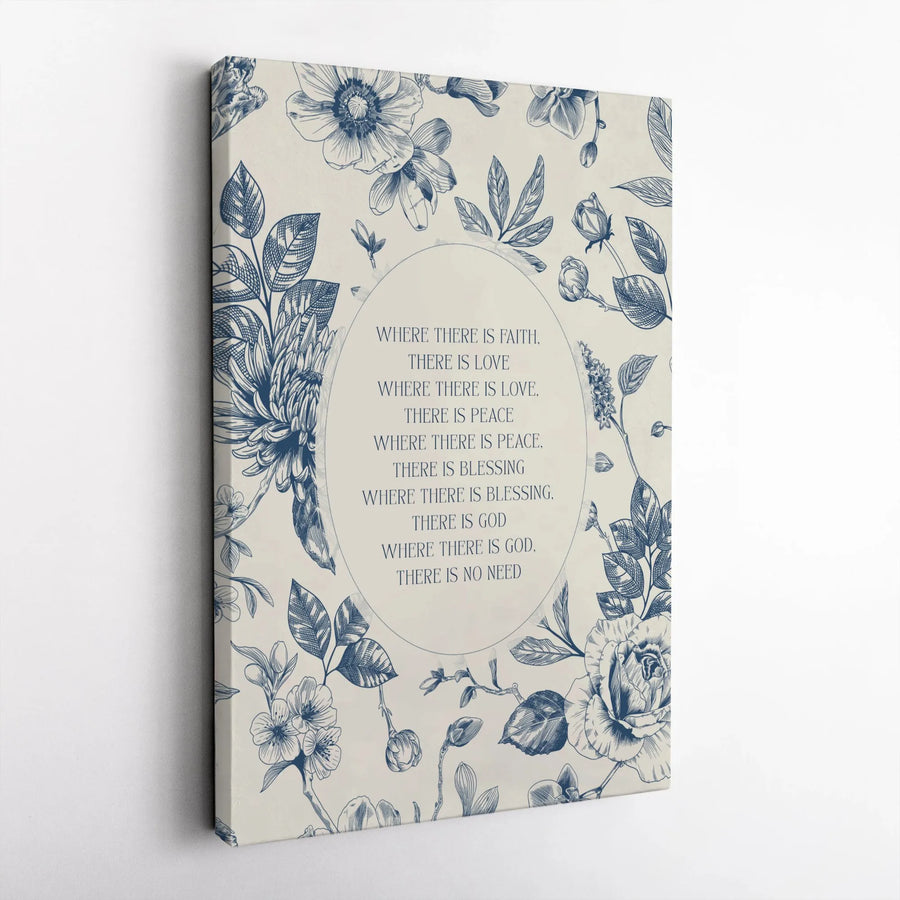 Religious Wall Art Canvas | Where There Is Faith Quote | Vintage Blue Floral Print | Inspirational Christian Home Decor Gift