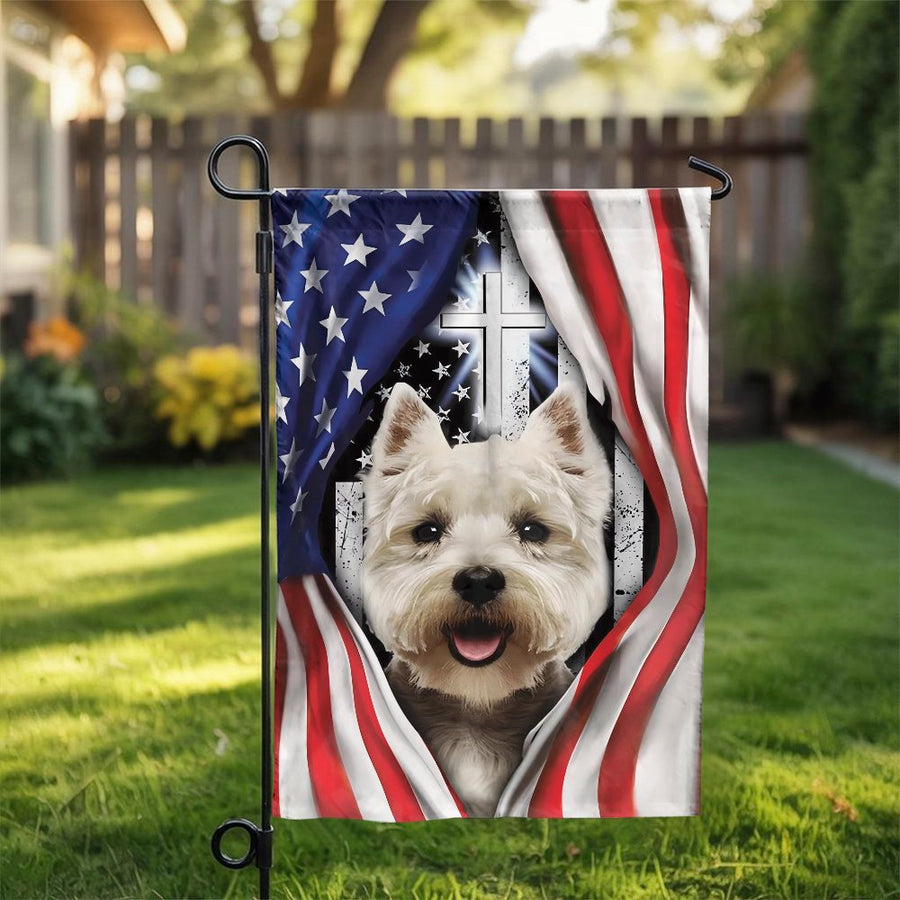 Westie Garden Flag | Patriotic American Flag & Cross Design | Premium Weather-Resistant Polyester | Outdoor Yard Decor Gift