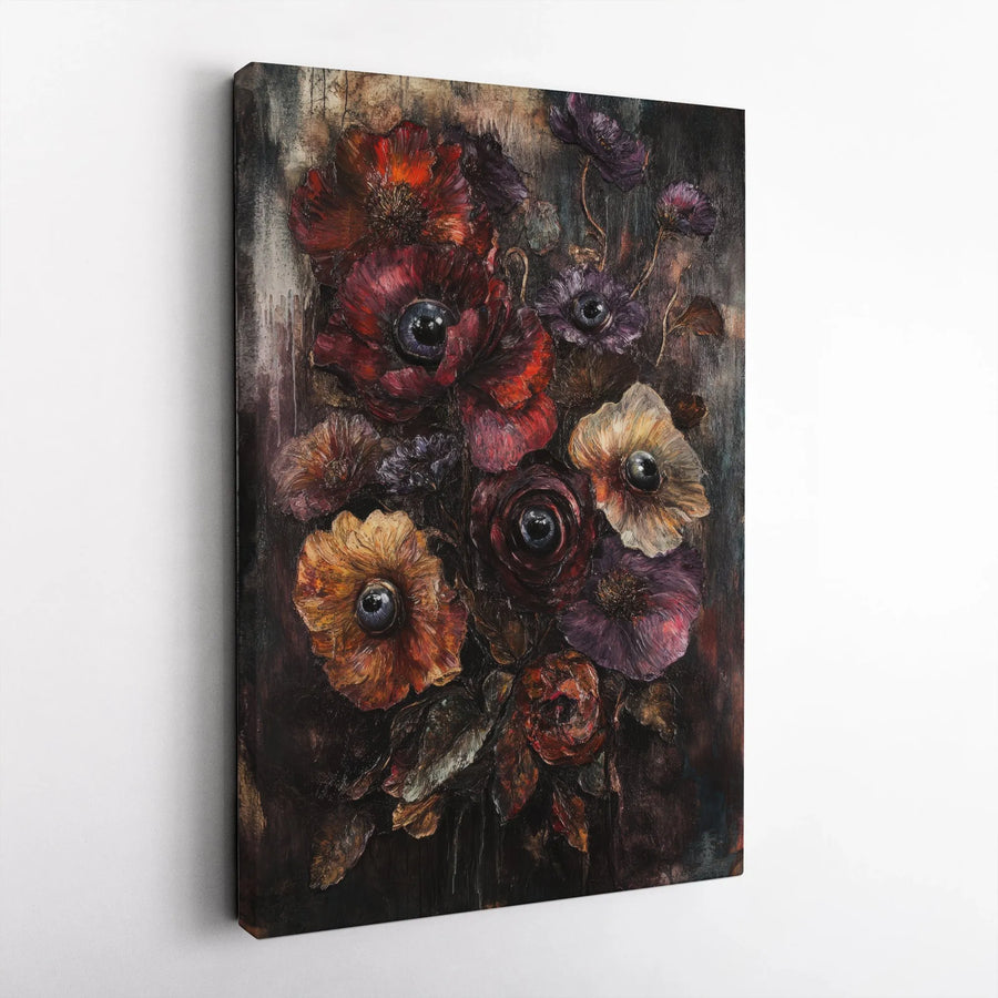 Gothic Surreal Eye Flower Canvas Wall Art | Dark Academia Floral Bouquet Painting | Premium Gallery Wrapped Decor | Unique Home Gift For Art Lovers