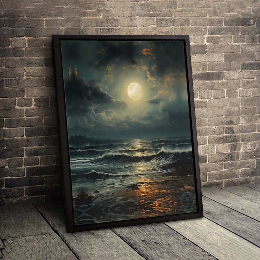 Full Moon Ocean Canvas Print | Dark Moody Seascape Wall Art | 1.25 Inch Gallery Profile | Coastal Home Decor Gift for Nature Lovers