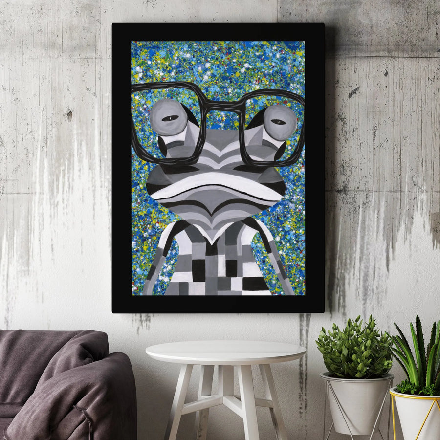 Hipster Frog Canvas Wall Art | Whimsical Animal Portrait with Glasses | Premium Gallery Wrap Print | Modern Decor for Office or Nursery