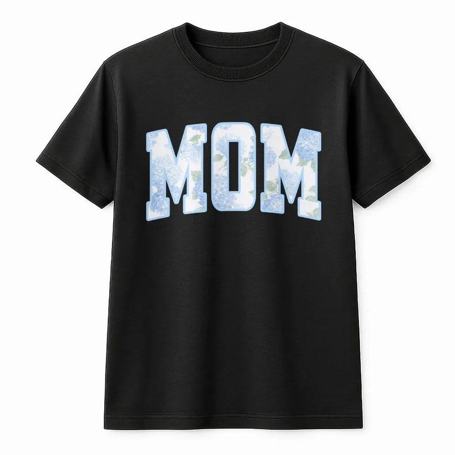 Floral Mom T-Shirt | Blue Hydrangea Varsity Letter Print | Soft Cotton Blend | Preppy Mother's Day Gift for New Mom