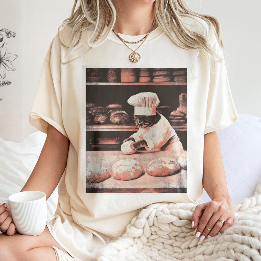 Funny Cat Baker T-Shirt | Chef Kitten Kneading Dough Graphic | 100% Cotton Premium Tee | Unique Gift for Bakers and Cat Lovers