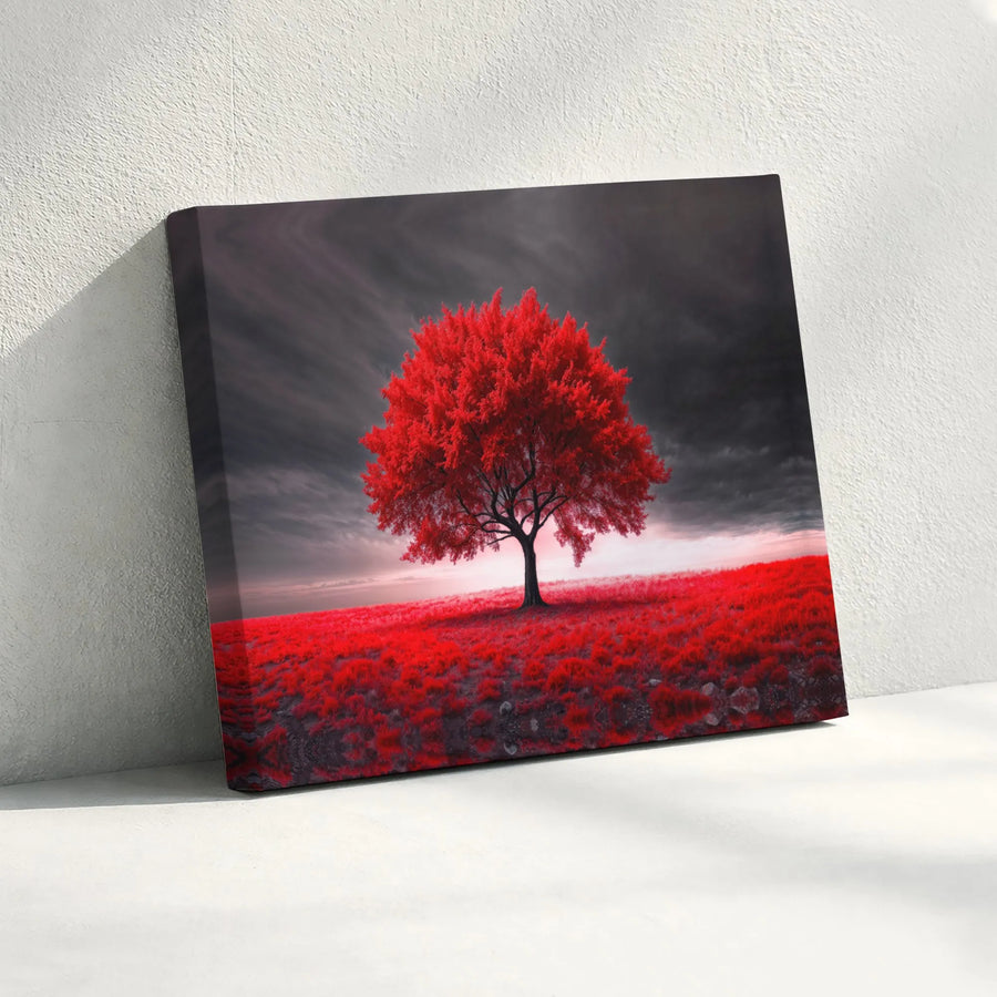 Lone Red Tree Canvas Wall Art | Surreal Crimson Landscape Print | Gallery Wrapped Fade-Resistant Decor | Modern Home Office Statement Piece