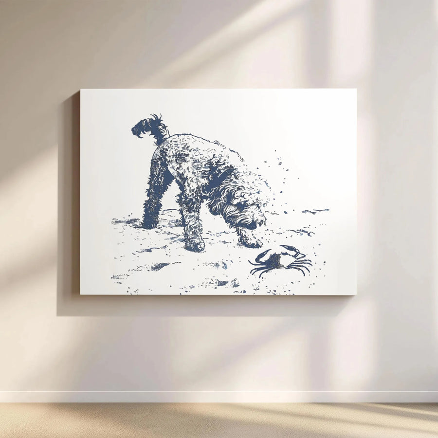 Labradoodle Beach Canvas Art | Dog Sniffing Crab Sketch Illustration | Premium 1.25" Gallery Wrap | Coastal Decor Gift for Dog Lovers