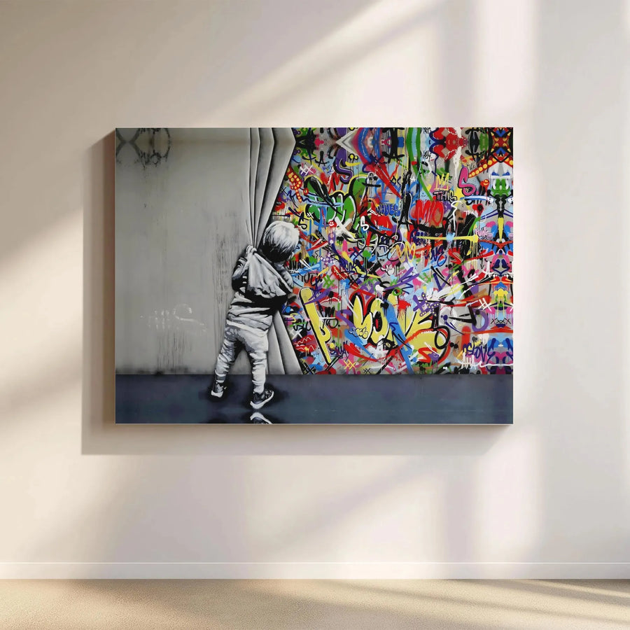 Graffiti Wall Canvas Art | Street Art Boy Pulling Curtain Print | Premium 1.25" Gallery Wrap | Modern Urban Living Room Decor