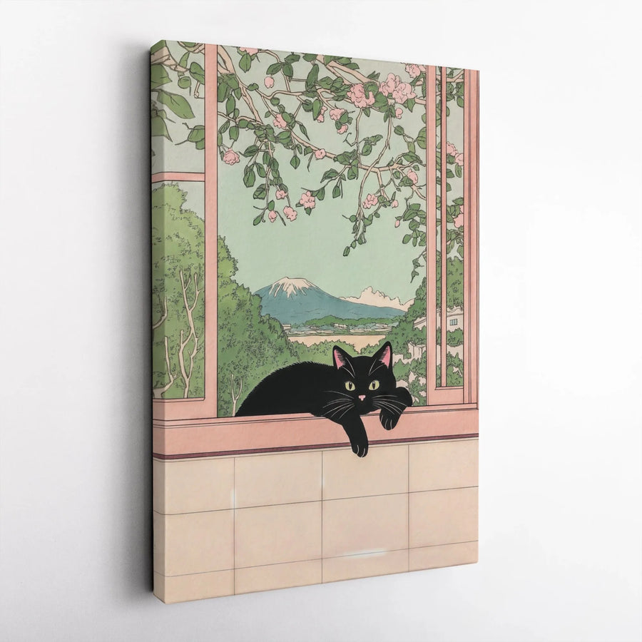 Japanese Black Cat Canvas Art | Mount Fuji Window View Print | 1.25-Inch Gallery Wrap | Premium Aesthetic Home Decor for Cat Lovers Gift