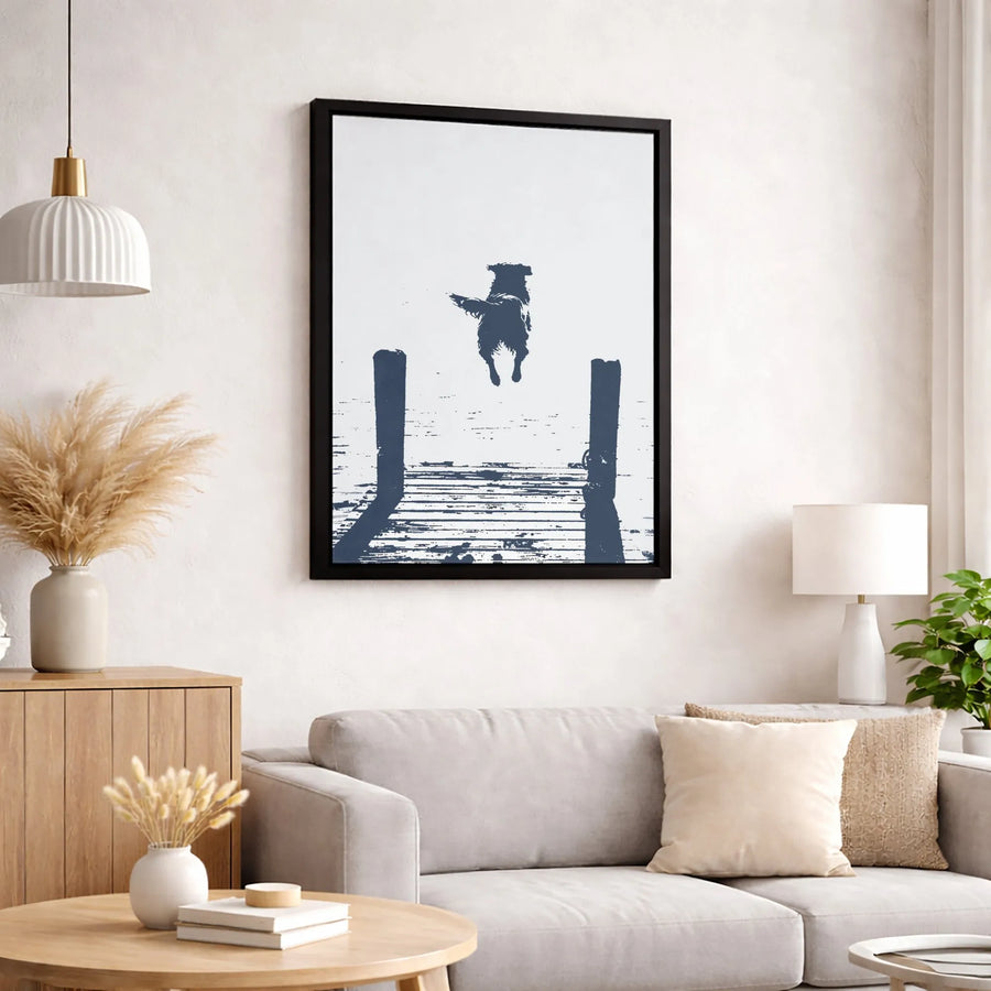 Dog Jumping off Dock Canvas Art | Minimalist Silhouette Wall Decor | Gallery-Wrapped Premium Print | Nature Lover Gift for Living Room
