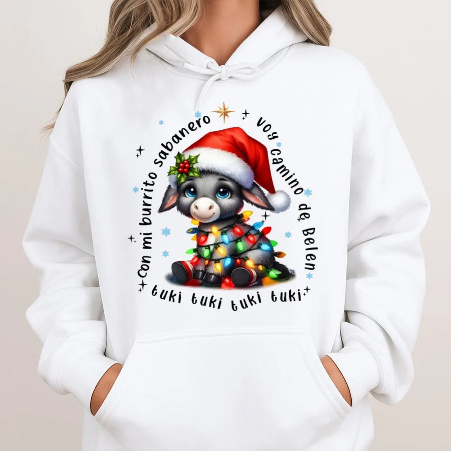 Mi Burrito Sabanero Hoodie | Cute Donkey Christmas Lights Graphic | Premium Cotton Blend | Funny Spanish Holiday Gift for Latino Families