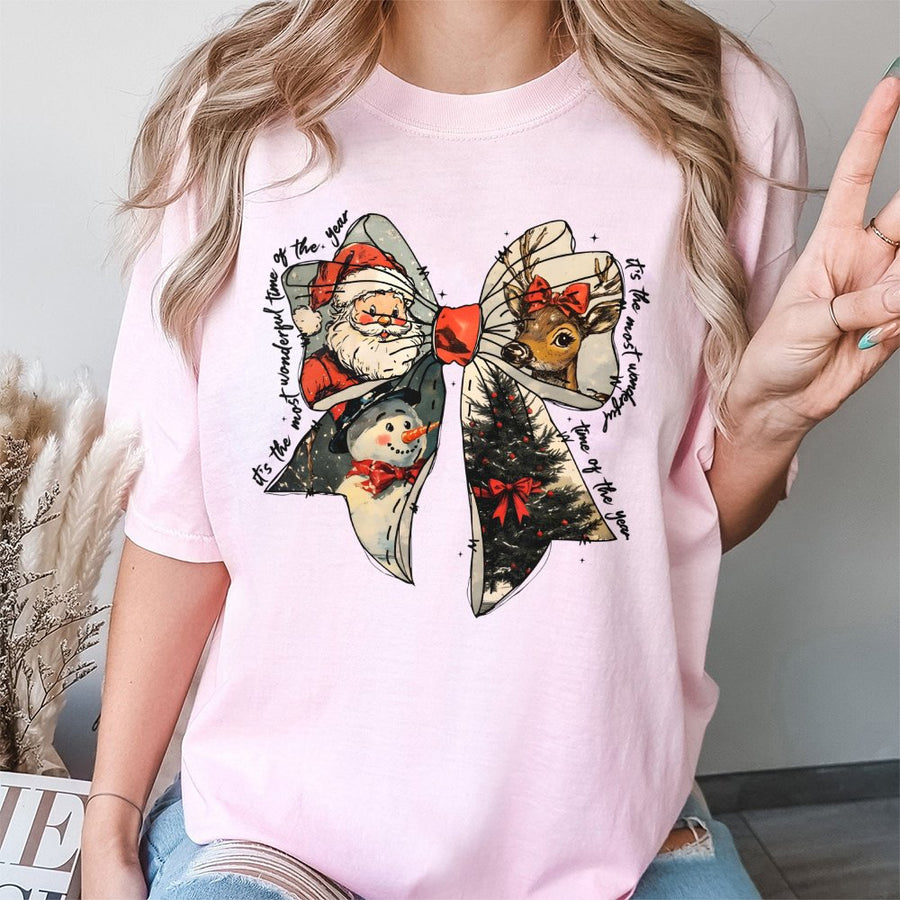Christmas Coquette Bow T-Shirt | Retro Holiday Santa & Reindeer Graphic | 100% Cotton Premium Tee | Festive Gift for Women & Christmas Lovers