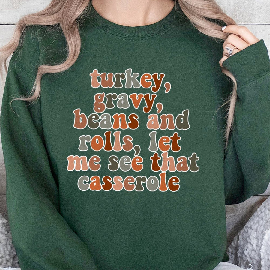 Turkey Gravy Beans and Rolls Sweatshirt | Retro Thanksgiving Dinner Graphic | Premium Cotton Blend Crewneck | Funny Holiday Gift for Foodies