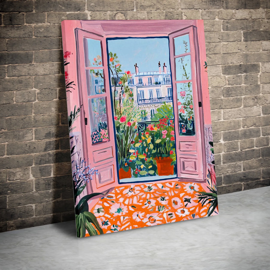 Paris Window View Canvas Print | Vibrant Impressionist Balcony Garden | Premium Gallery Wrapped Canvas | Modern Living Room Wall Art Gift