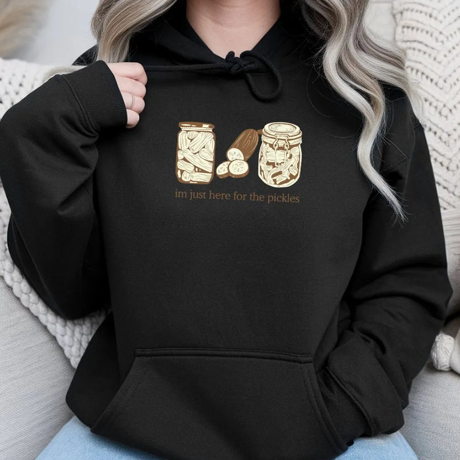 Pickle Hoodie | I'm Just Here For The Pickles Graphic Print | Premium Soft Cotton Blend | Funny Foodie Gift For Pickle Lovers