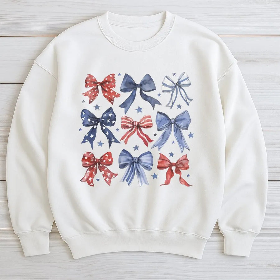 Patriotic Bows Sweatshirt | Watercolor American Flag Bows Print | Cozy Cotton Blend Pullover | 4th of July Gift for Women