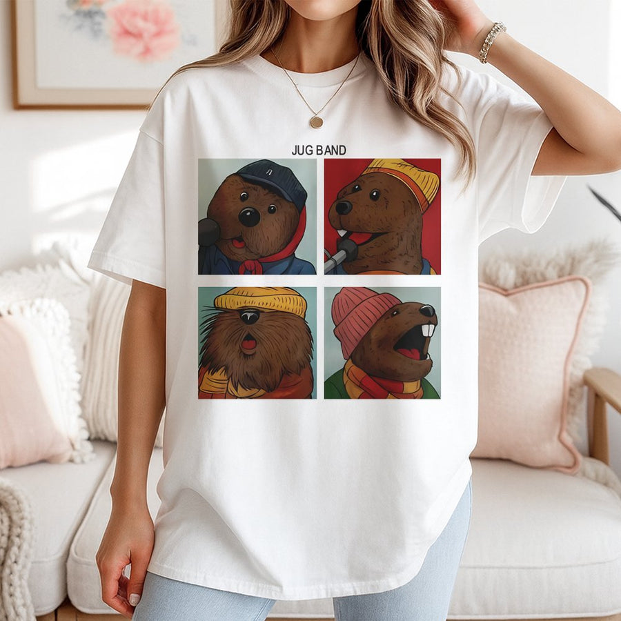 Jug Band Beaver T-Shirt | Funny Retro Cartoon Animal Quartet Graphic | Premium 100% Cotton Tee | Unique Gift for Music Lovers