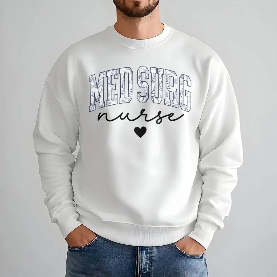 Med Surg Nurse Sweatshirt | Floral Varsity Text Design | Premium Cotton Blend | Graduation Gift for Nursing Students and Registered Nurses