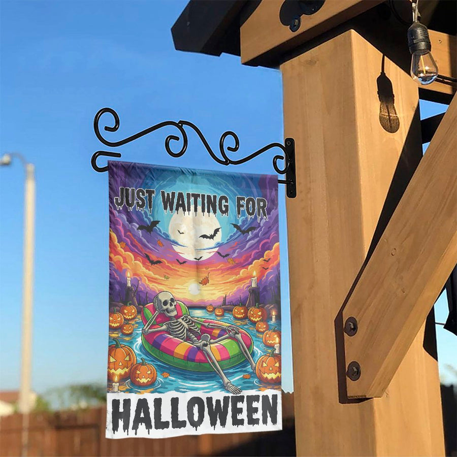 Just Waiting For Halloween Garden Flag | Spooky Skeleton Pool Float Art | Durable Polyester Outdoor Decor | Festive Fall Yard Decoration Gift
