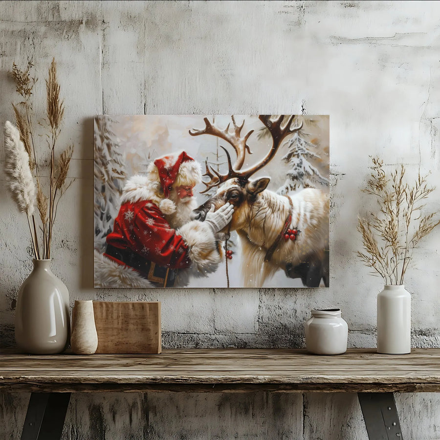 Santa Claus and Reindeer Canvas Wall Art | Snowy Forest Christmas Painting | Premium 1.25" Gallery Wrap | Festive Holiday Home Decor Gift