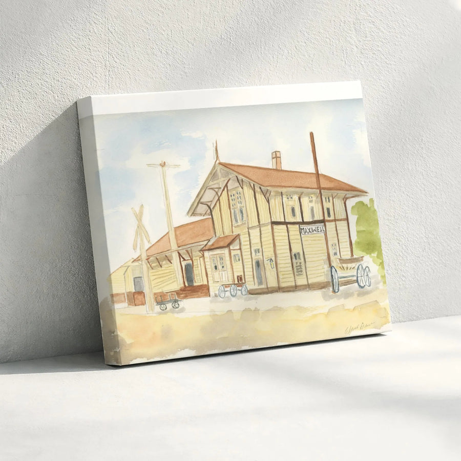 Maxwell Train Station Wall Art | Vintage Railway Depot Watercolor Painting | Premium Gallery Wrap Canvas | Rustic Home Decor Gift