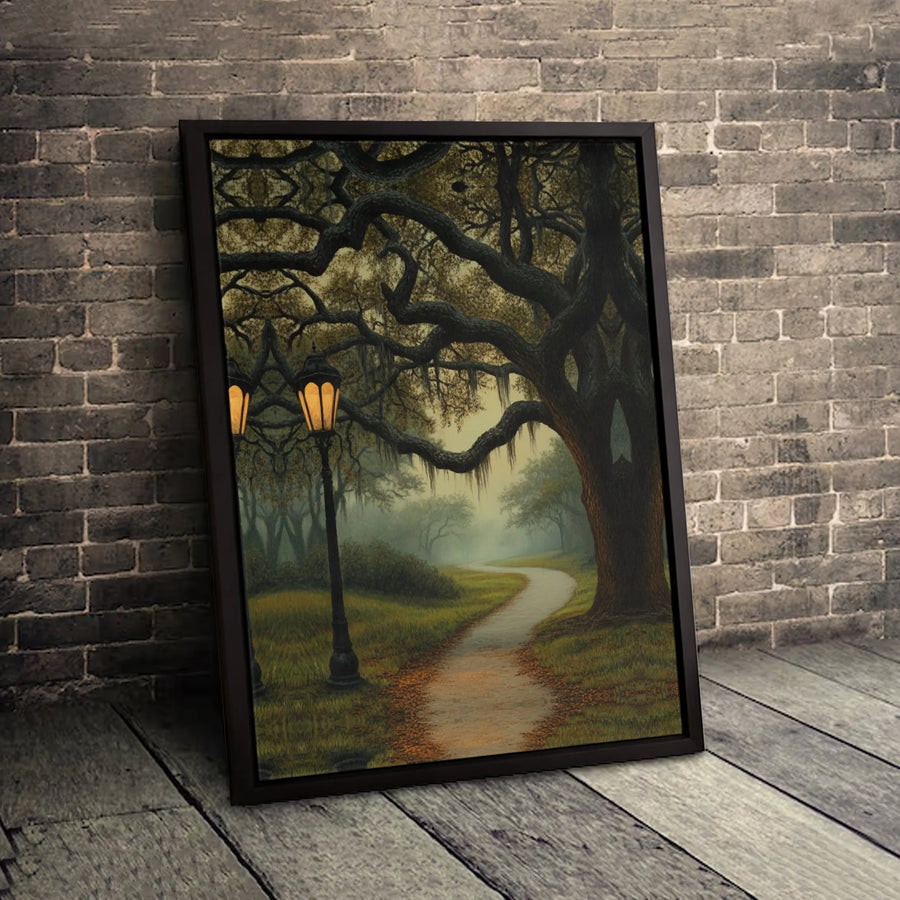 Misty Forest Path Canvas Wall Art | Oak Tree With Spanish Moss & Vintage Lamppost | Gallery Quality Framed Print | Moody Nature Home Decor Gift