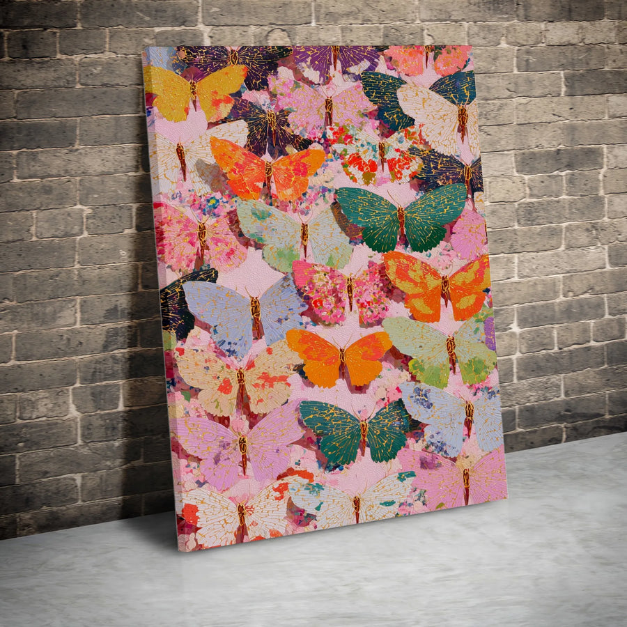 Colorful Butterfly Canvas Wall Art | Whimsical Gold Foil Accent Print | Premium Gallery Wrapped Decor | Modern Home Office Botanical Gift