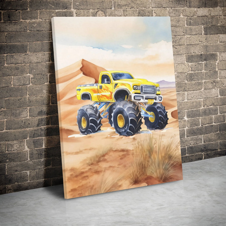 Yellow Monster Truck Canvas Art | Watercolor Desert Sand Dunes Print | 1.25-Inch Gallery Wrap | Boys Bedroom Decor & Car Enthusiast Gift