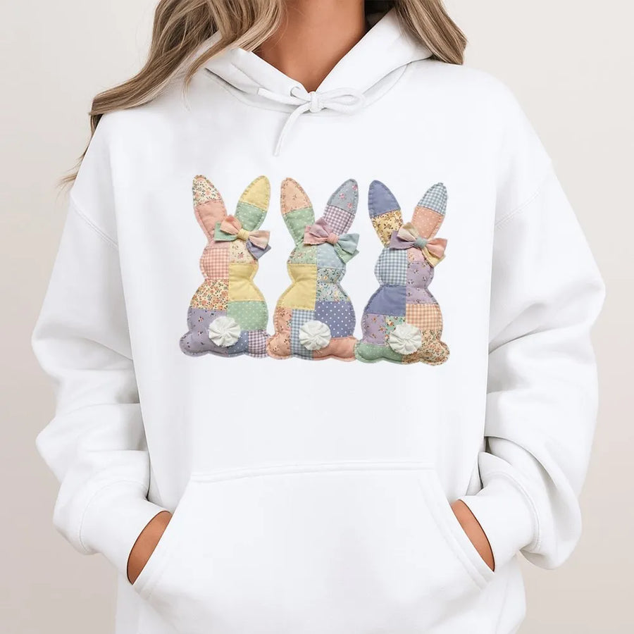Easter Bunny Hoodie | Cute Patchwork Rabbit Spring Graphic | Premium Cotton Blend | Gift for Her & Spring Holiday Lovers