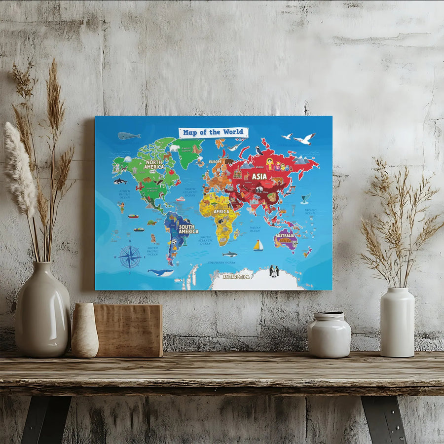 Kids World Map Canvas Wall Art | Educational Animal & Landmark Map | Premium Gallery Wrapped Canvas | Nursery Decor Gift for Young Explorer
