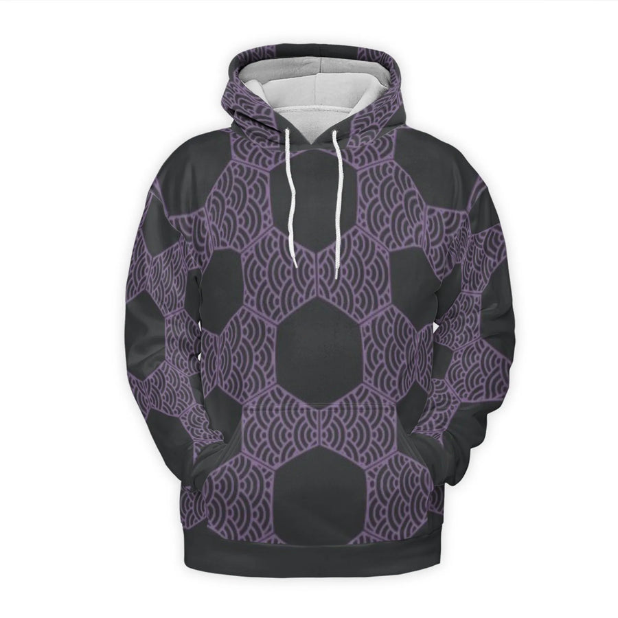 Japanese Wave Hexagon Hoodie | Geometric Purple Pattern All-Over Print | Premium Brushed Fleece Lining | Unisex Streetwear Gift for Men and Women