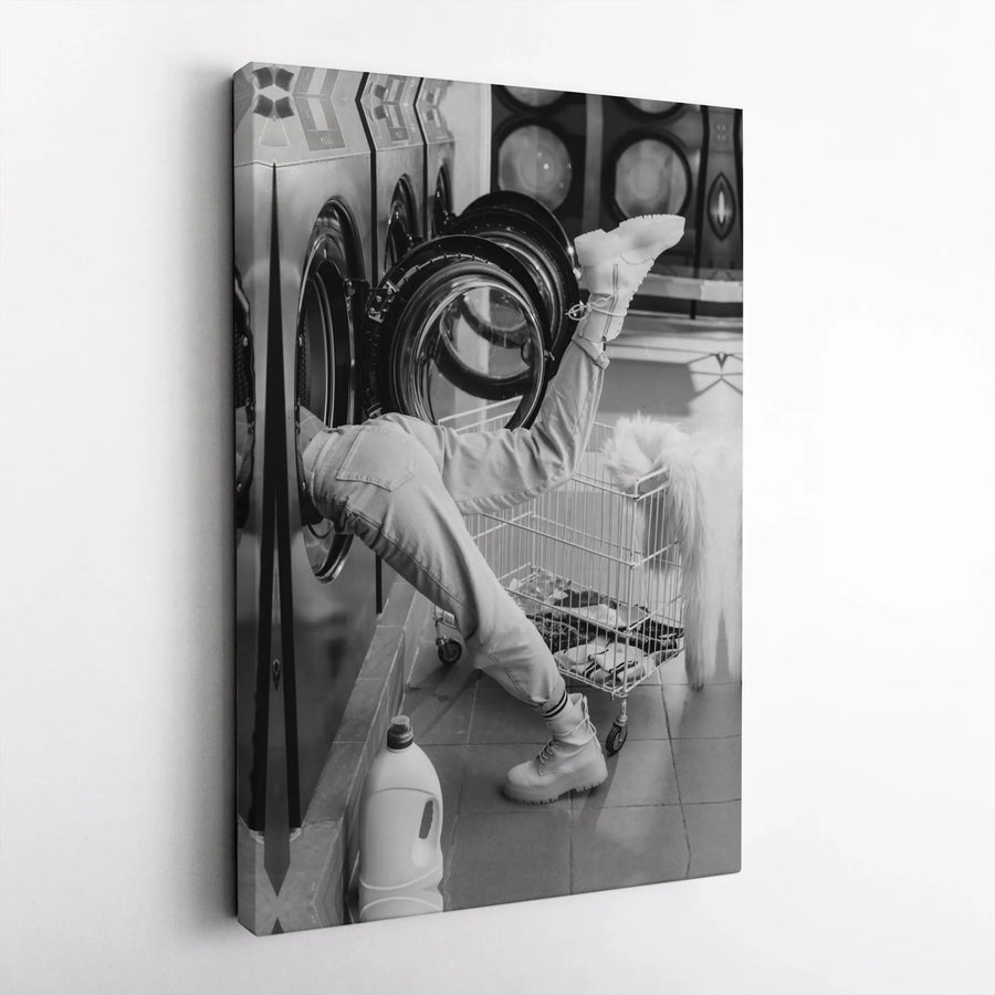 Funny Laundromat Canvas Print | Surreal Black and White Photography | Premium Gallery Wrapped Wall Art | Unique Modern Apartment Decor Gift