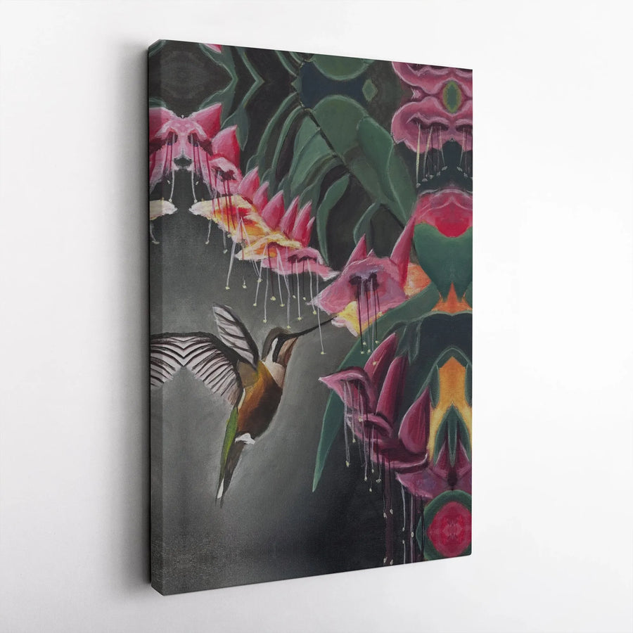 Hummingbird Floral Canvas Print | Symmetrical Fuchsia Flower Wall Art | Gallery Quality Fade-Resistant | Premium Nature Gift for Home Decor