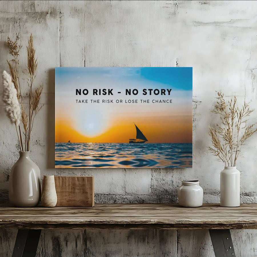 No Risk No Story Canvas Art | Motivational Sunset Sailboat Print | 1.25-Inch Gallery Wrap | Premium Office & Home Wall Decor Gift