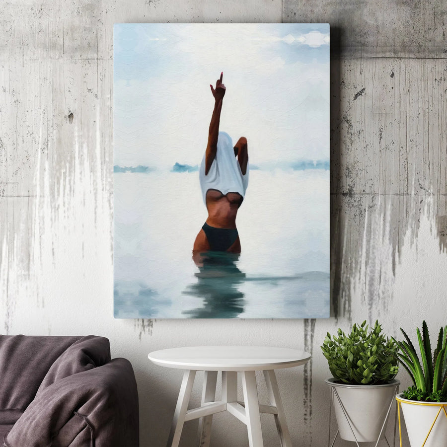 Edgy Woman Middle Finger Canvas Wall Art | Ocean Water Aesthetic Painting | Gallery-Quality 1.25-Inch Profile | Statement Piece for Modern Home Decor