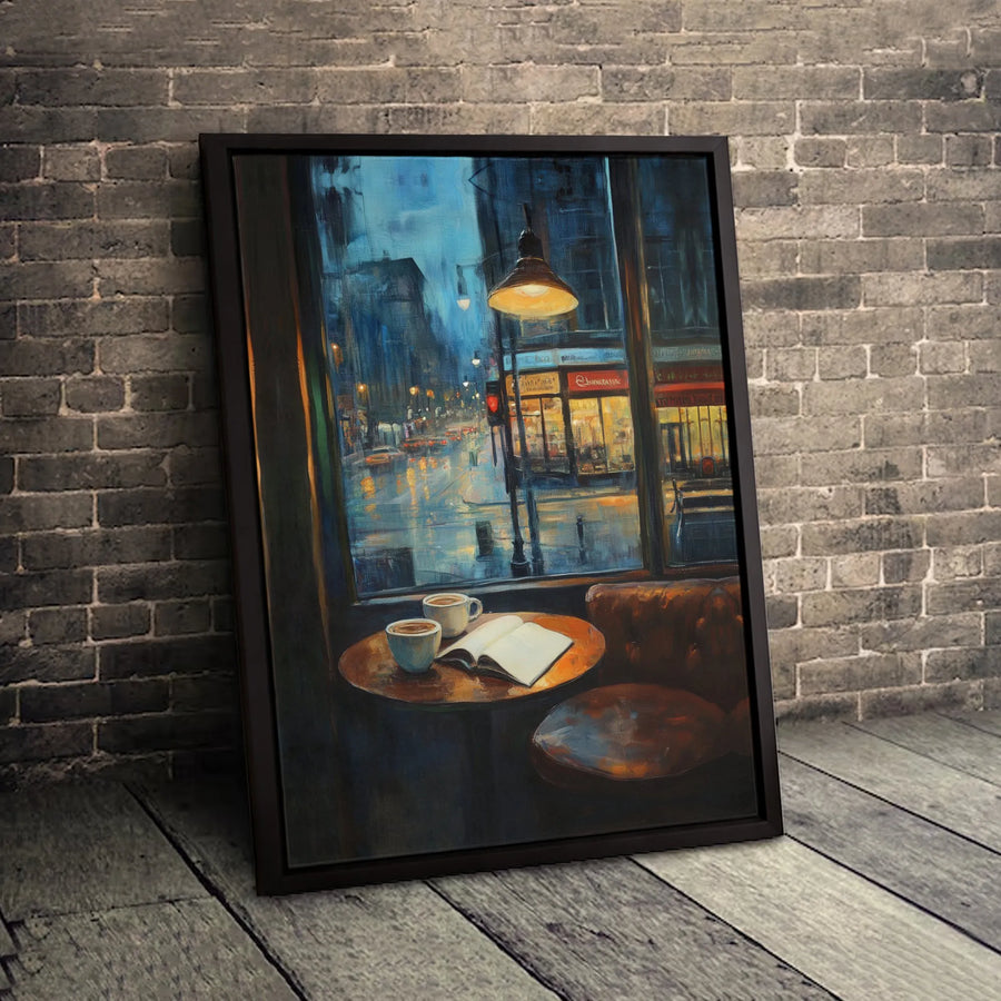 Rainy Coffee Shop Wall Art | Cozy Night City Street View | Premium Gallery Wrap Canvas | Aesthetic Home Decor Gift