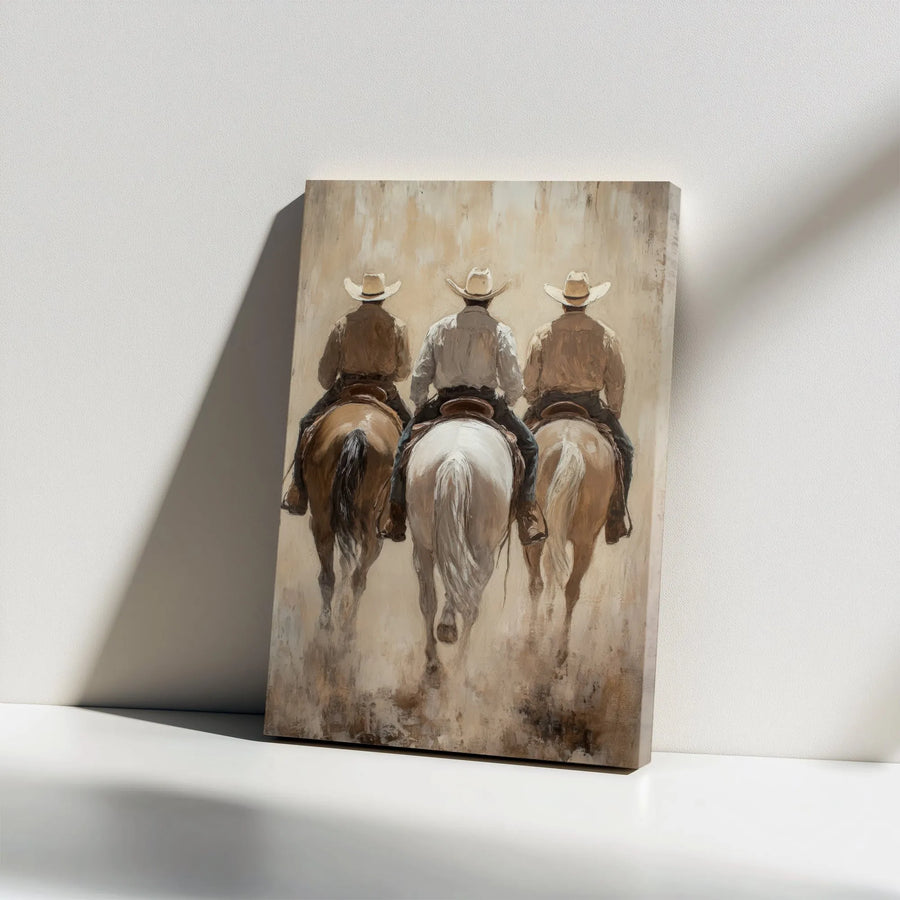Western Canvas Wall Art | Three Cowboys Horseback Riding Painting | Premium Gallery Wrap Decor | Rustic Farmhouse Home Office Gift