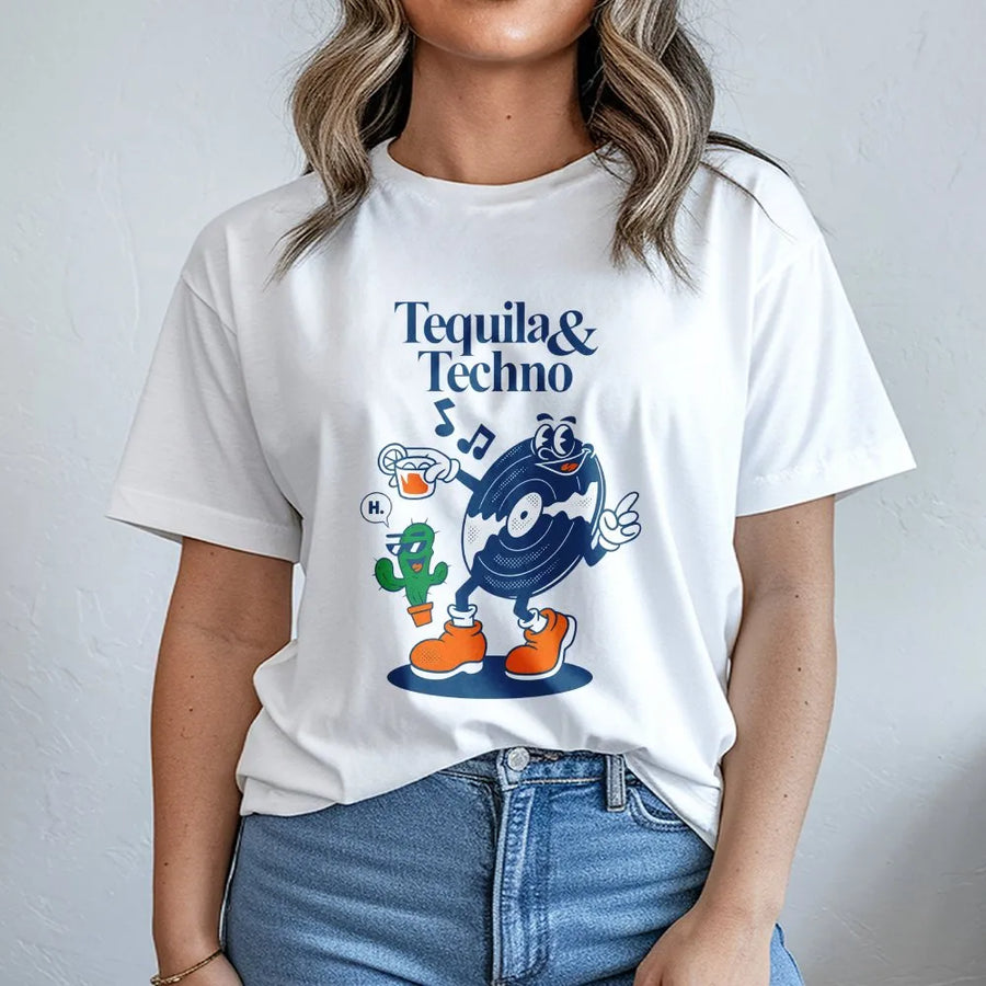 Tequila and Techno Graphic T-Shirt | Retro Cartoon Music Mascot Design | Soft Breathable Cotton | Gift for DJ & Music Festival Goer