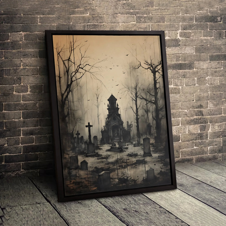 Haunted Graveyard Canvas Wall Art | Gothic Church Cemetery Print | Premium Gallery-Wrapped Decor | Spooky Halloween Home Decor Gift