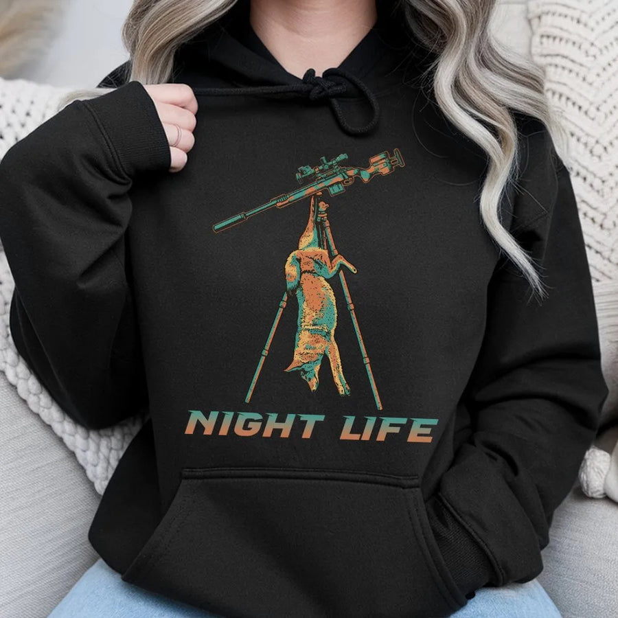 Coyote Hunting Hoodie | Night Life Predator Hunter Graphic | Premium Cotton Blend | Gift for Varmint Hunters