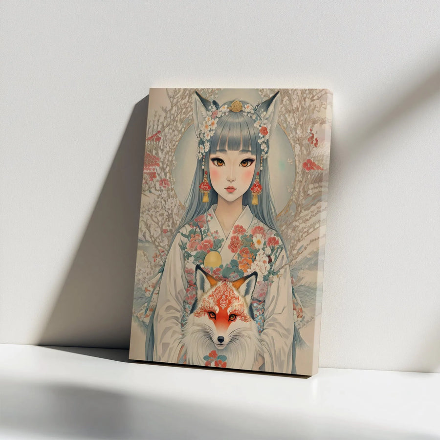 Kitsune Fox Spirit Canvas Print | Japanese Watercolor Anime Art | Premium Gallery Wrapped Canvas | Otaku Bedroom Decor Gift