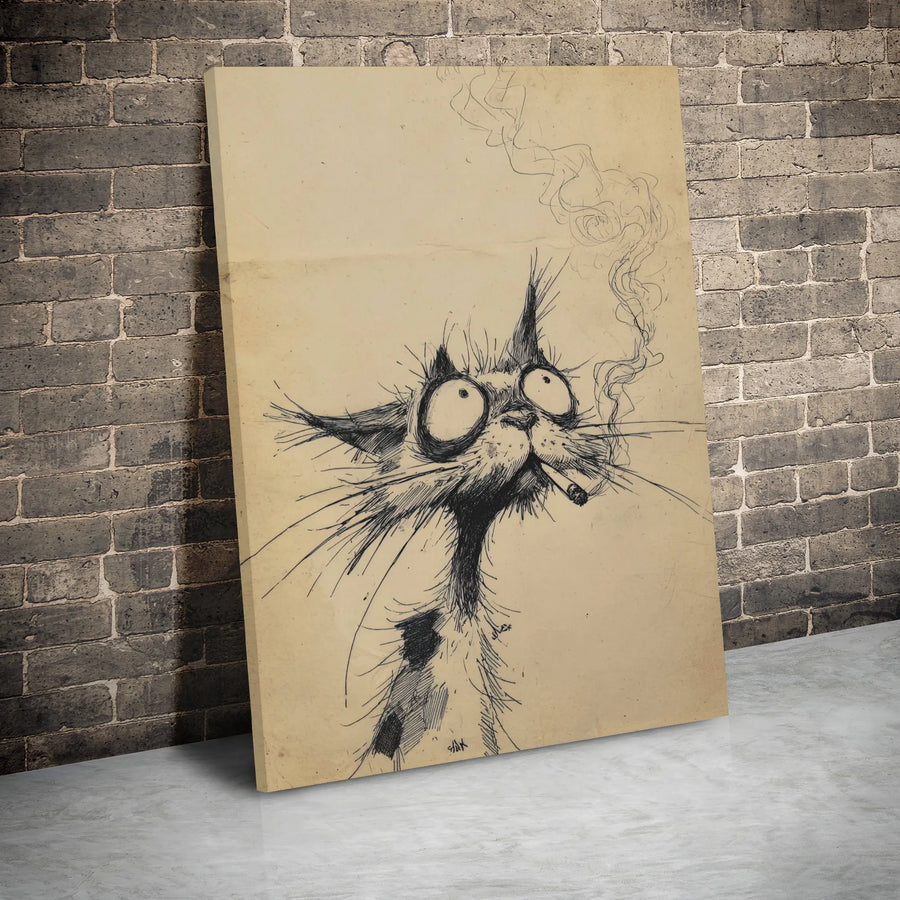 Smoking Cat Wall Art | Whimsical Bug-Eyed Sketch Canvas Print | Premium Gallery Wrap Decor | Quirky Gift for Cat Lovers