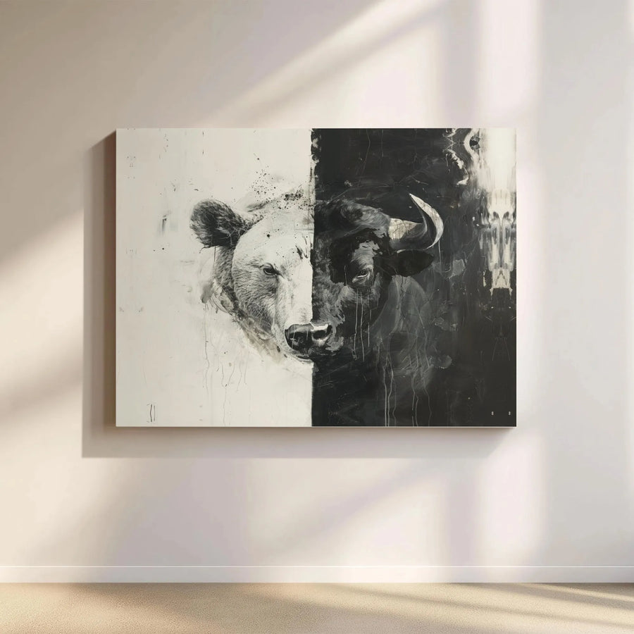 Bull vs Bear Stock Market Canvas Art | Split Face Financial Trader Wall Decor | Premium 1.25" Gallery Wrap | Gift for Stock Trader or Investor
