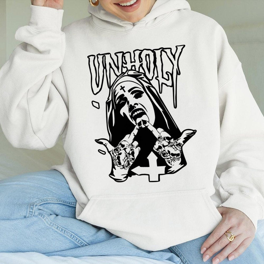 Unholy Nun Graphic Hoodie | Gothic Edgy Streetwear | Cotton-Polyester Blend | Unisex Alternative Fashion Gift