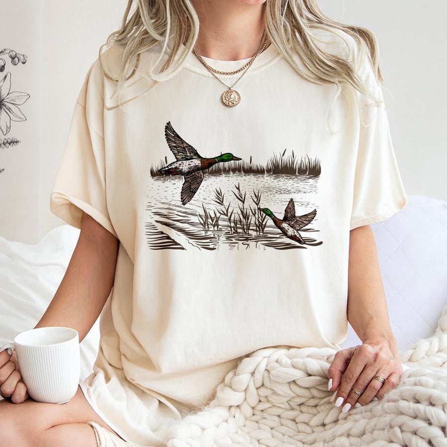 Duck Hunting T-Shirt | Vintage Mallard Flying Illustration | Premium Soft Cotton Apparel | Wildlife Outdoorsman Gift for Hunters