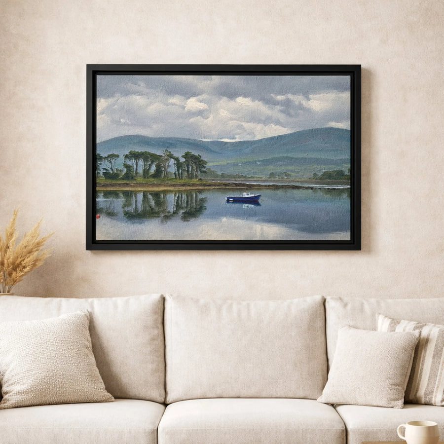 Lake Landscape Canvas Print | Blue Boat Mountain Reflection Art | Gallery Wrapped 1.25" Profile | Serene Nature Wall Decor For Home Office