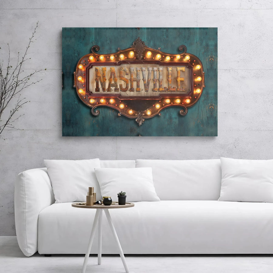 Nashville Marquee Sign Canvas Print | Vintage Neon Style Wall Art | 1.25-Inch Gallery Wrap | Industrial Home Decor Gift for Music Lovers
