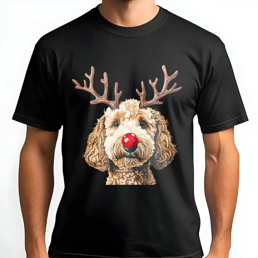 Goldendoodle Christmas T-Shirt | Reindeer Antlers & Red Nose Graphic | Premium 100% Cotton | Cute Dog Lover Holiday Gift