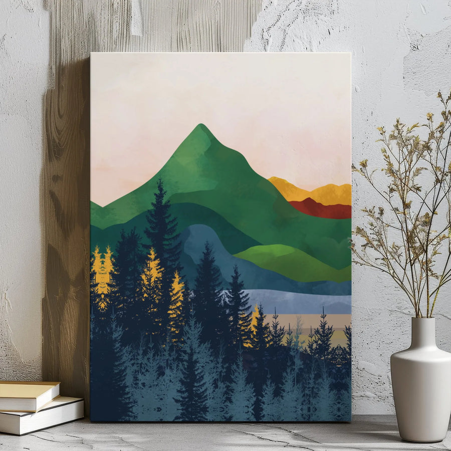 Abstract Mountain Landscape Canvas Print | Minimalist Forest Pine Trees Wall Art | 1.25 Inch Gallery Wrap | Modern Home Decor Gift