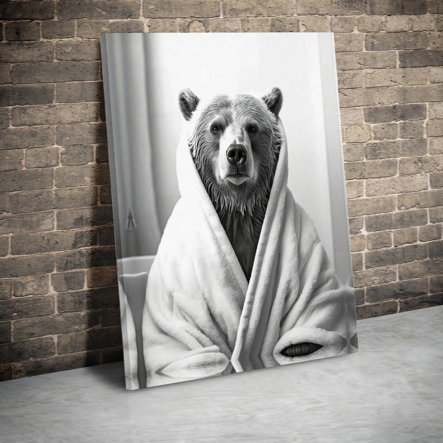 Grizzly Bear Bathrobe Canvas Wall Art | Funny Animal Bathroom Portrait | Premium Gallery Wrapped Print | Modern Minimalist Home Decor Gift